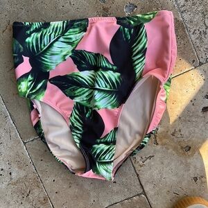 Albion Pink and Green Leaf Print High-Waisted Bikini Bottom